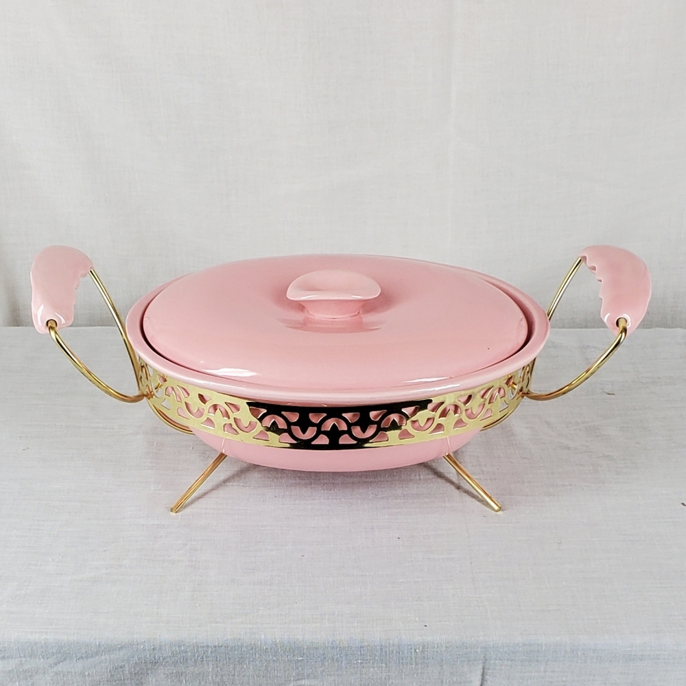 Vintage Miramar Of Calif Pink Casserole Serving Dish with Gold Carrier